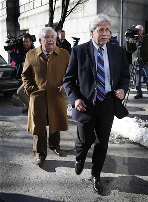 Mark Strong Sr., right, and his attorney, Dan Lilley, leave the Cumberland County Courthouse. Lilley's motion to withdraw from the case was denied on Friday.