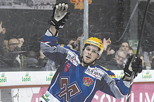 NORTH AMERICA BOUND: Biel’s Tyler Seguin, celebrates during a Swiss League A hockey match between SC Bern and EHC Biel last month in Bern, Switzerland. Seguin, a Boston Bruins’ right wing, can now look forward to playing in the NHL now that the lockout is over.