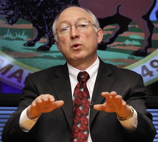 FILE - In this March 9 2009 file photo, Interior Secretary Ken Salazar gestures during an interview with The Associated Press in Washington. Salazar will leave the Obama administration in March, an Obama administration official said Wednesday. (AP Photo/J. David Ake)