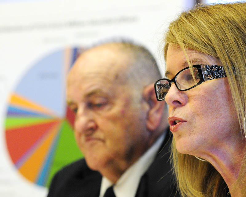 Sawin Millett, the commissioner of administrative and financial services, left, and Department of Health and Human Services Commissioner Mary Mayhew at a state budget news conference on Friday in the Cabinet Room of the State House in Augusta.
