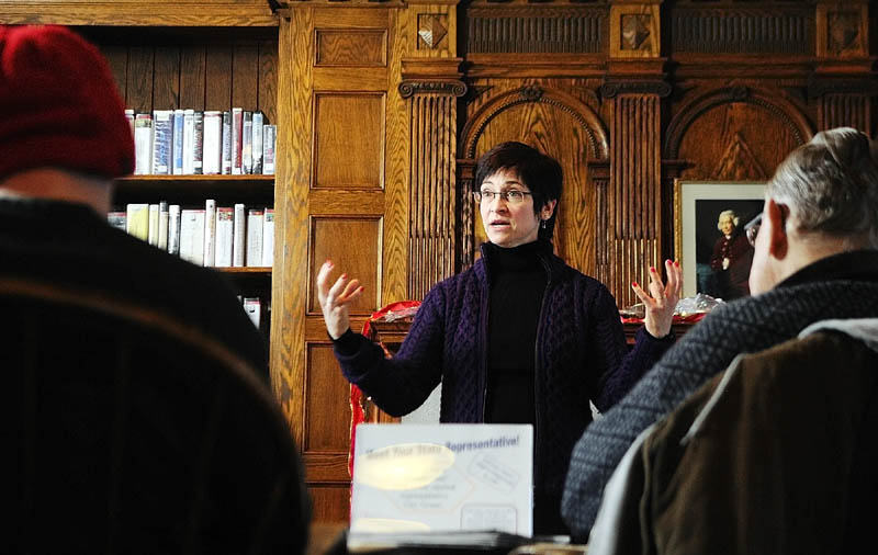 Rep. Gay Grant, D-Gardiner, speaks during a fireside chat with constituents on Saturday in the Hazzard Reading Room at the Gardiner Public Library.