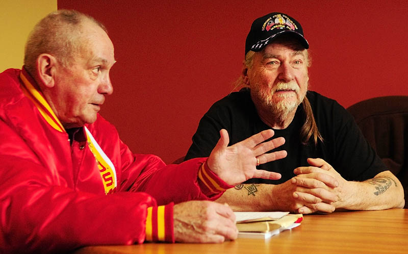 Marine Corps veterans Ralph Sargent, left, and Bill Witt speak on Thursdayabout their service during the siege of Khe Sahn, in an interview in Augusta.