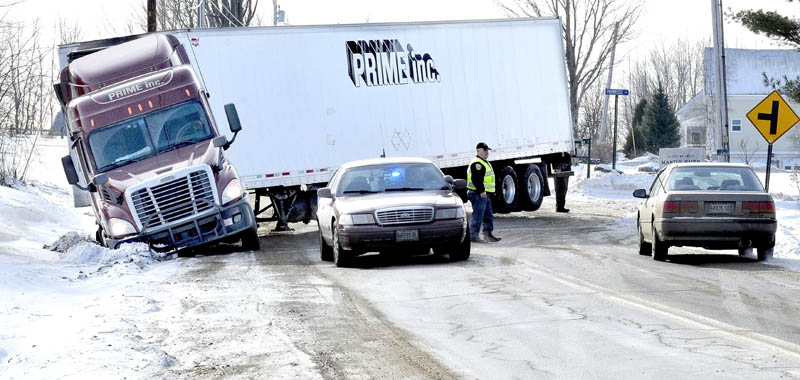 According to police, the operator of this tractor-trailer became jackknifed on the Pond Road in Sidney after attempting to turn around, when the front tires went in a ditch, on Tuesday. A tow truck was called to get the rig back on the roadway.