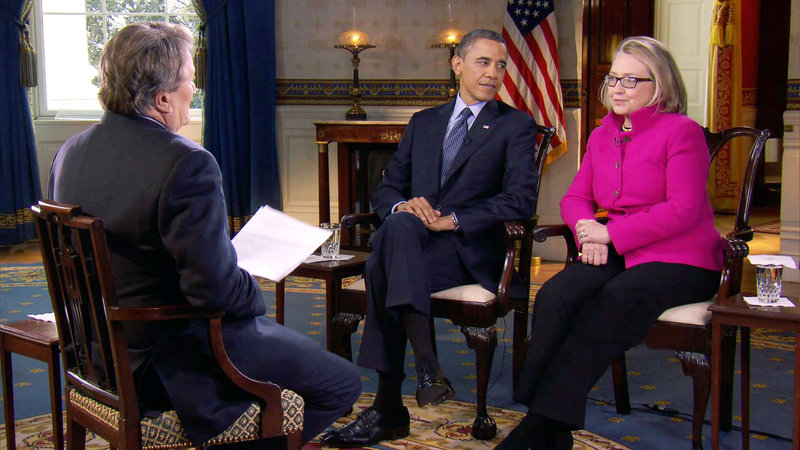 President Obama and Secretary of State Hillary Rodham Clinton speak with ”60 Minutes” correspondent Steve Kroft, left, Friday in the Blue Room of the White House in Washington in this image taken from video and provided by CBS.