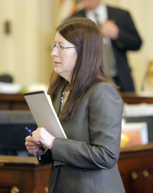 Deputy District Attorney Justina McGettigan argues Tuesday against a motion by the defense to sever the 13 remaining counts against Mark Strong Sr. from the 46 dismissed counts that are on appeal at the Maine Supreme Judicial Court.