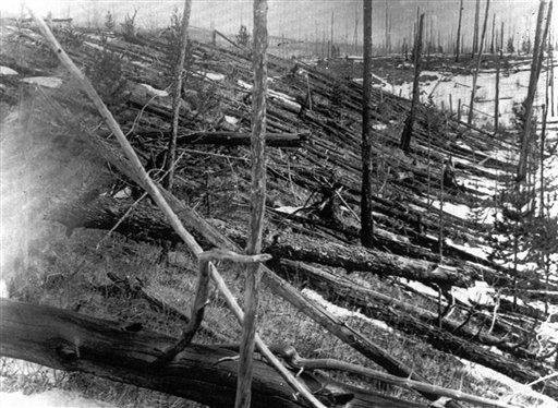In this 1953 photo, trees lie strewn across the Siberian countryside 45 years after a meteorite struck the Earth near Tunguska, Russia. The 1908 explosion is generally estimated to have been about 10 megatons; it leveled some 80 million trees for miles near the impact site. The meteor that streaked across the Russian sky on Friday is estimated to be about 10 tons. It exploded with the power of an atomic bomb over the Ural Mountains, about 3,000 miles west of Tunguska.