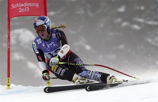 Lindsey Vonn speeds down the course during the women's super-G course before crashing at the Alpine skiing world championships in Schladming, Austria, on Tuesday.