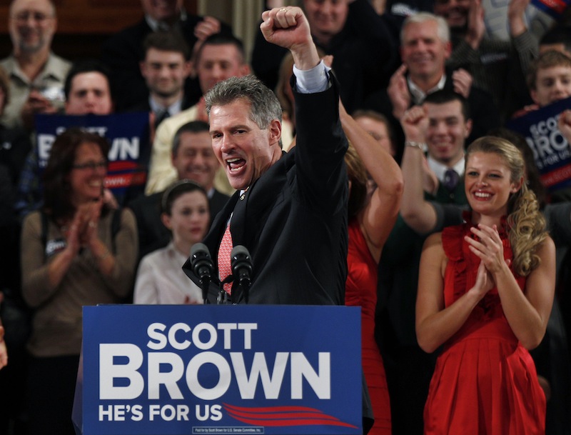 In this Jan. 19, 2012, file photo, then-Sen. Scott Brown, R-Mass., pumps his fist during his re-election campaign kick-off in Worcester, Mass., in this Jan. 19, 2012 file photo. Brown was Plan A for the party when it came to competing for John Kerry's U.S. Senate seat. Last week, Brown decided not to run, and Plan B has yet to emerge. (AP Photo/Charles Krupa, File)