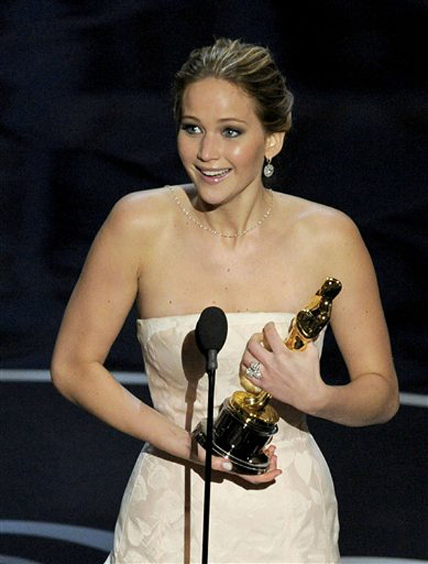 Jennifer Lawrence accepts the award for best actress in a leading role for "Silver Linings Playbook." Oscars;Oscar