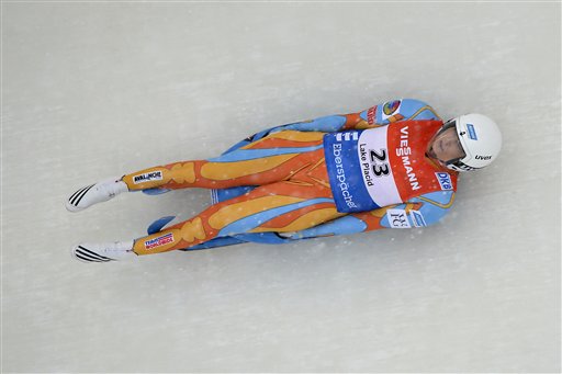 Julia Clukey, of the United States, heads down the track on the way to a second-place finish in the women's luge World Cup race in Lake Placid, N.Y., on Friday, Feb. 8, 2013. (AP Photo/John DiGiacomo) Sports;Women's sports;Luge;Women's luge