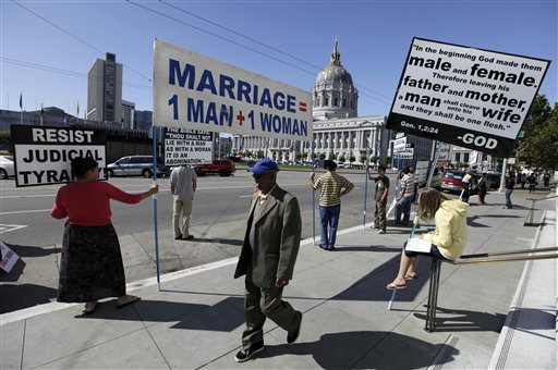 A group protests against gay marriage outside the California Supreme Court in San Francisco in this 2011 photo. The Obama administration is quietly considering urging the Supreme Court to overturn California's ban on gay marriage, a step that could be a major political victory for advocates of same-sex unions.
