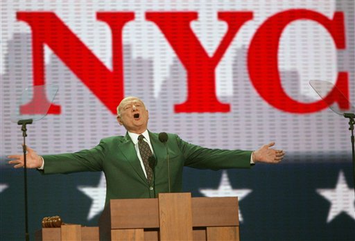 In this Aug. 30, 2004, photo, former New York Mayor Ed Koch speaks at the first day of the Republican National Convention in New York.