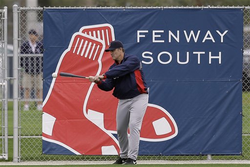 Boston Red Sox manager John Farrell hits a ball back to the infield during a spring training baseball workout Friday, Feb. 15, 2013, in Fort Myers, Fla. (AP Photo/Chris O'Meara)