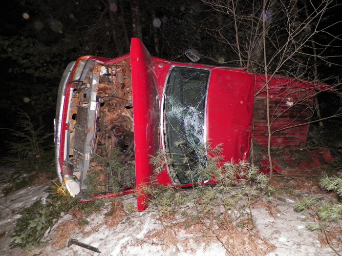 The 1993 Ford pickup truck, driven by George Day, 30, of Rome, which rolled over after a high-speed pursuit through Belgrade on Saturday evening.