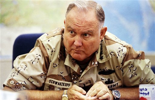 Then-U.S. Army Gen. H. Norman Schwarzkopf, commander of U.S. forces in Saudi Arabia, answers questions during an interview in Riyadh in this Sept. 14, 1990, photo,
