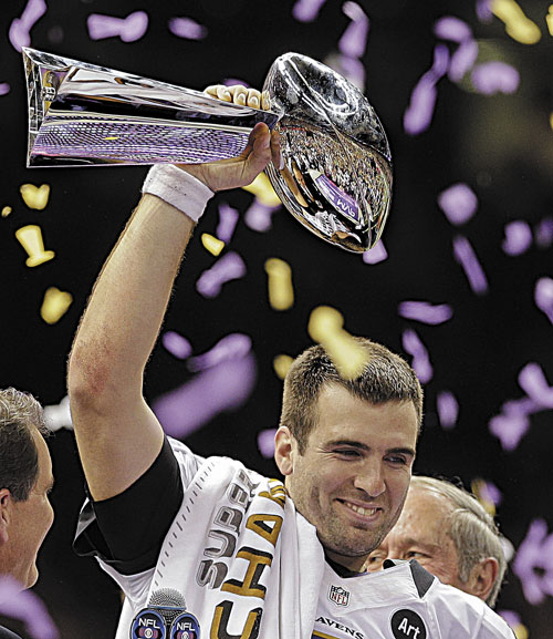 LEADING THE WAY: Baltimore quarterback Joe Flacco holds up the Vince Lombardi Trophy after the Ravens defeated the San Francisco 49ers 34-31 in Super Bowl XLVII on Sunday in New Orleans.