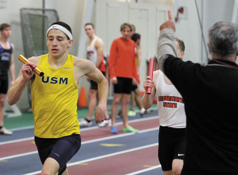 RECORD SETTER: University of Southern Maine sophomore Kevin Desmond, a Monmouth Academy graduate, set the school record in the 800-meter run at the New England Intercollegiate Amateur Athletic Association championship last weekend. 2013 Indoor Track Kevin Desmond LEC Championships mens races
