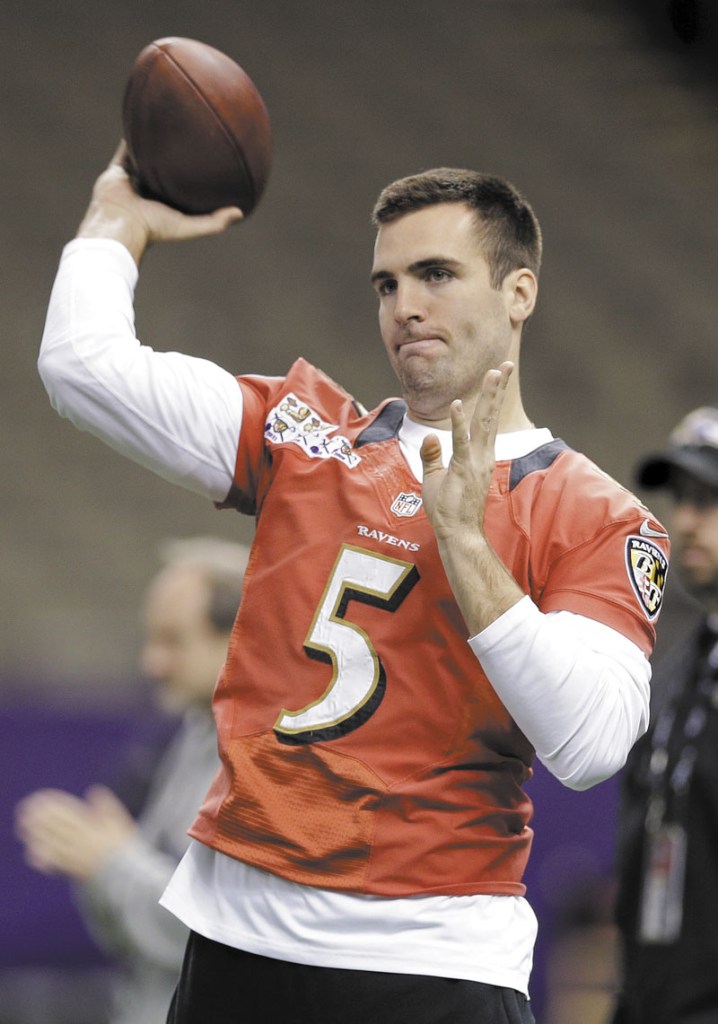 GETTING READY: Baltimore Ravens quarterback Joe Flacco throws a pass during a walkthrough for Super Bowl XLVII on Saturday in the Mercedes-Benz Superdome in New Orleans. The Ravens face the San Francisco 49ers in Super Bowl XLVII on Sunday.