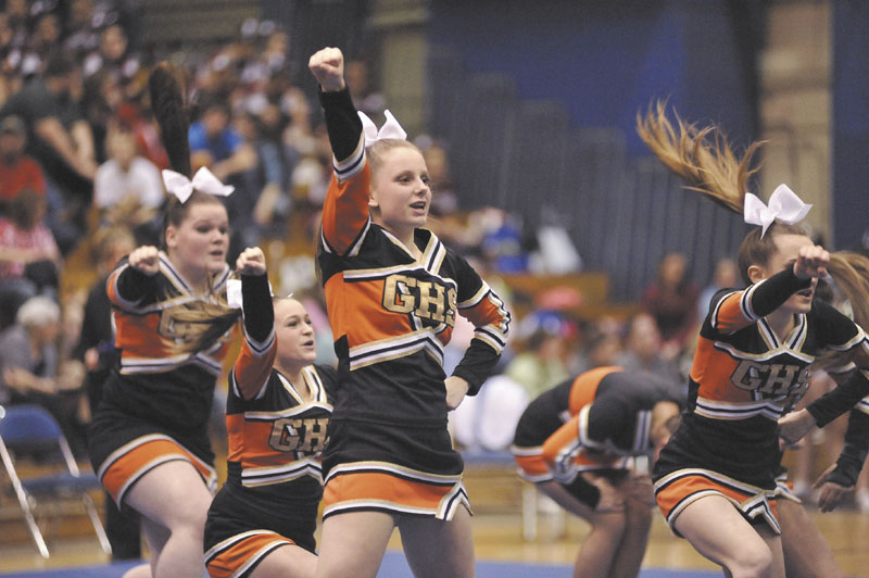 GIVE A CHEER: Gardiner performs its routine during the Class B state cheering championshps on Monday at the Bangor Auditorium.