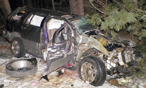 This 2003 Mercury Mountaineer rolled over and crashed into trees early Wednesday morning in Vienna, killing the driver, Hilda Howe, 36, of Farmington Falls.