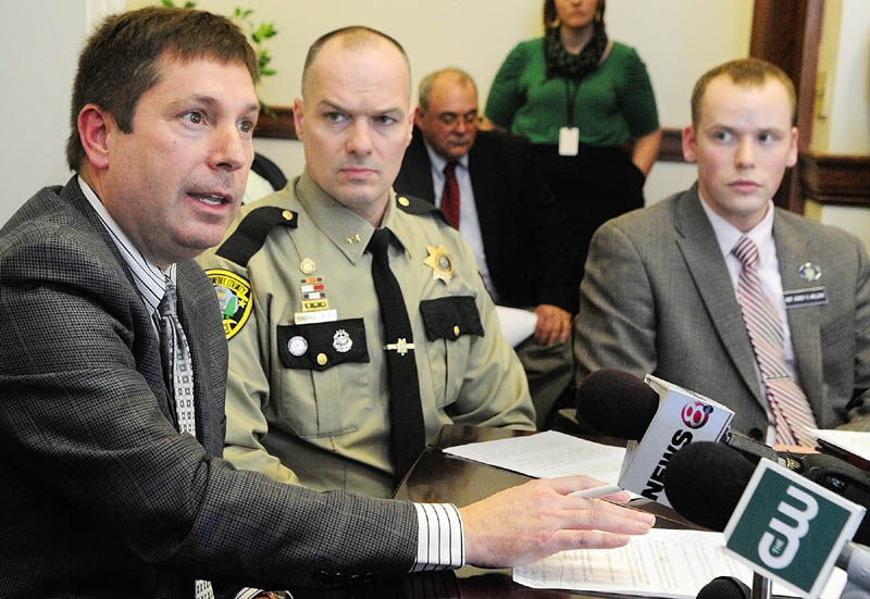 House Minority Leader Kenneth Fredette, R-Newport, Kennebec County Sheriff Randall Liberty and Rep. Corey Wilson, R-Augusta, were part of a news conference about concealed weapons permits on Thursday at the State House in Augusta.