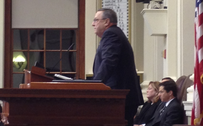 Gov. Paul LePage makes his opening remarks at Tuesday's State of the State address, at the State House in Augusta.