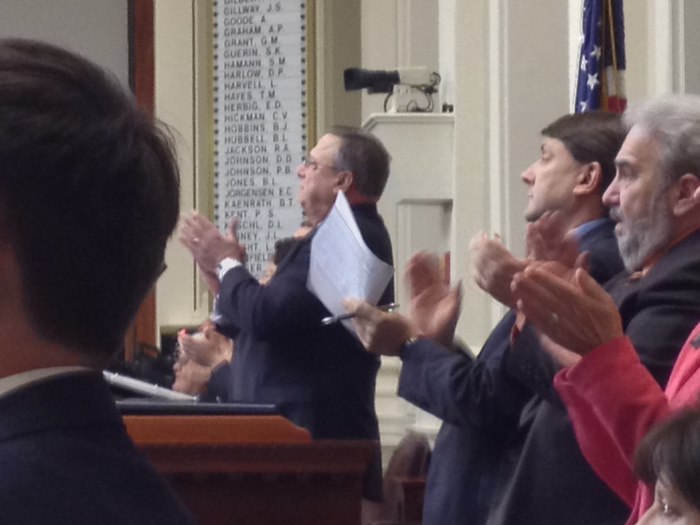 Giv. Paul LePage and dignitaries applaud servicemen in attendance at the State of the State address, on Tuesday at the State House in Augusta.