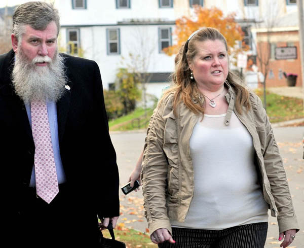Amanda Huard and attorney John Youney enter Skowhegan District Court in October for a hearing for her daughter Kelli Murphy, 11, who has been charged with manslaughter in the death of Brooklyn Foss-Greenaway.