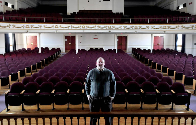 Skowhegan Chamber of Commerce Executive Director Cory King stands inside the Skowhegan Opera House on Wednesday.