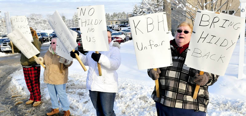 Clients of Kennebec Behavior Health protest outside the Waterville facility on Monday. From left are Brittney Young, Mona Gagnon, Michelle Risinger and Sheila Gaulin. Gaulin said they were upset at the departure of group leader Hildy Curato and chose to protest early Monday as facility managers arrived for a meeting.
