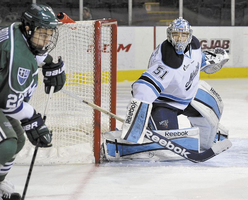 EMERGING STAR: Martin Ouellette (51) started the year as the backup for the University of Maine men’s hockey team. Now he’s a starter and a reason for the Black Bears to remain positive during a rough season.