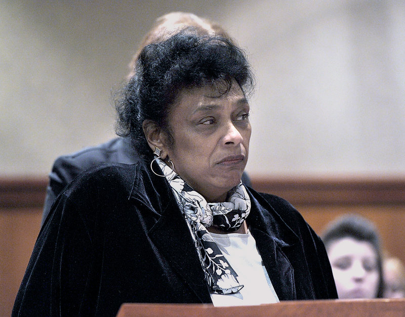 On Tuesday, February 05, 2013, Eleanor Mills, mother of Trevor Mills who was murdered by Joel Hayden stares at him as she speaks, before Hayden was sentenced to two concurrent life sentences for killing the mother of his four children, Renee Sandora and his best friend, Trevor Mills.