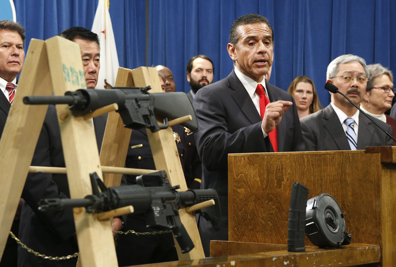 Los Angeles Mayor Antonio Villaraigosa, left, discusses his support for a package of proposed gun control legislation.