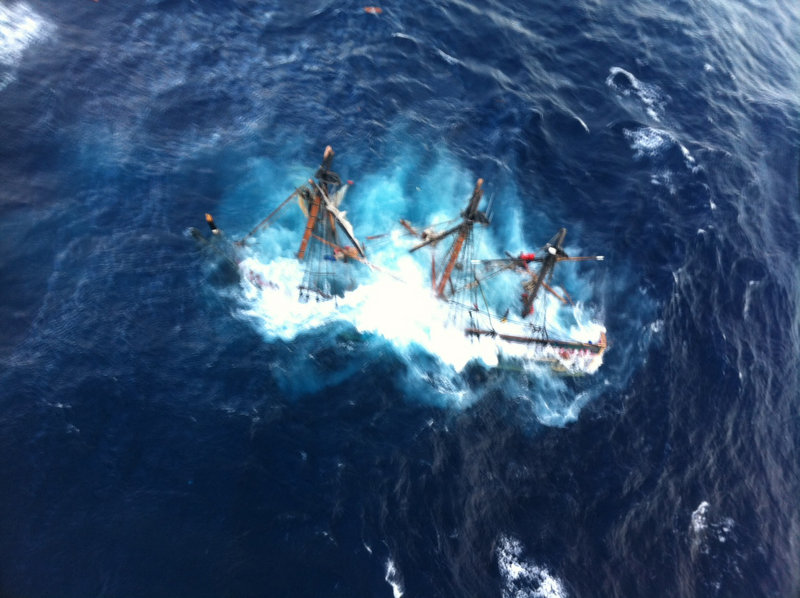 This Coast Guard photo shows the HMS Bounty, a 180-foot replica sailboat, submerged in the Atlantic Ocean during Hurricane Sandy off North Carolina on Oct. 29, 2012. A representative from Maine's Boothbay Harbor Shipyard, where the Bounty underwent repairs weeks before sinking, was set to testify Wednesday.