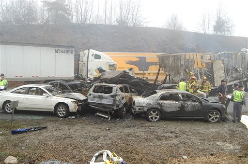 This photo provided by the Virginia State Police shows the scene following a 75-vehicle pileup on Interstate 77 near the Virginia-North Carolina border in Galax, Va., on Sunday, March 31, 2013. Virginia State Police say three people have been killed and more than 20 are injured and traffic is backed up about 8 miles. (AP Photo/Virginia State Police, Sgt. Mike Conroy)