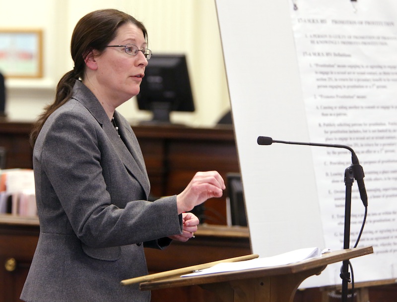 York County Deputy District Attorney Justina McGettigan addresses the jury during closing arguments in the trial of Mark Strong Sr. at York County Superior Court in Alfred on Tuesday, March 5, 2013.