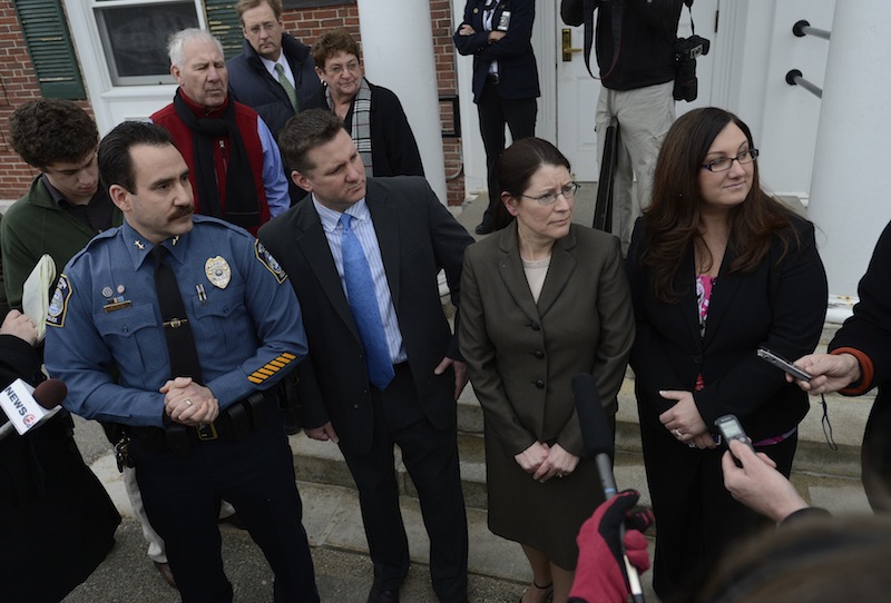Kennebunk Police Chief Robert MacKenzie, Assistant District Attorney Patrick Gordon, York County Deputy District Attorney Justina McGettigan and Kennebunk police Officer Audra Presby speak with the media following the trial of Mark Strong Sr. on Wednesday, March 6, 2013.