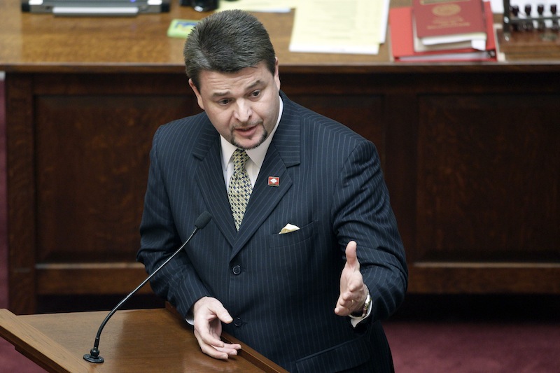 Sen. Jason Rapert, R-Conway, speaks in the senate chamber at the Arkansas state Capitol in Little Rock, Ark., Tuesday, March 5, 2013. The Arkansas Senate voted Tuesday to override Gov. Mike Beebe’s veto of Rapert's legislation that would ban most abortions from the 12th week of pregnancy onward and would give the state the most restrictive abortion laws in the country. (AP Photo/Danny Johnston)
