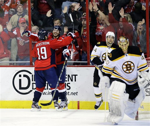 Washington Capitals right wing Eric Fehr, middle facing, celebrates his game-winning goal with center Nicklas Backstrom (19) as Boston Bruins goalie Tuukka Rask (40) skates off the ice in the overtime period of an NHL hockey game Tuesday, March 5, 2013 in Washington. The Capitals won 4-3. (AP Photo/Alex Brandon)