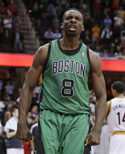Boston Celtics' Jeff Green reacts after scoring the game-winning basket during the fourth quarter of an NBA basketball game against the Cleveland Cavaliers on Wednesday, March 27, 2013, in Cleveland. Boston won 93-92. (AP Photo/Tony Dejak) Quicken Loans Arena