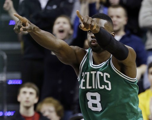 Boston Celtics' Jeff Green (8) celebrates scoring the game-winning basket against the Indiana Pacers in an NBA basketball game Wednesday, March 6, 2013, in Indianapolis. Boston defeated Indiana 83-81. (AP Photo/Darron Cummings)