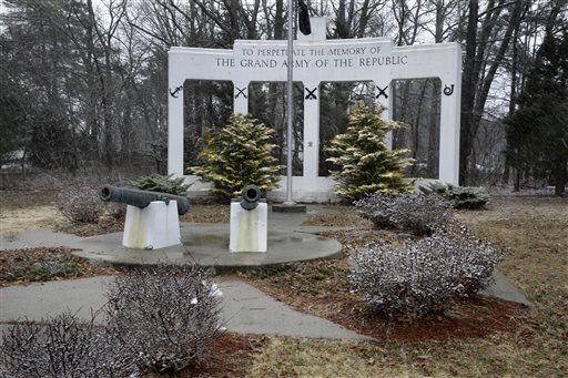 In this March 21 photograph, a monument and canons are seen at a small veteran's memorial park in a neighborhood in Manchester Township, N.J. On the center column is a small plaque to the USS Akron airship that went down in a violent storm off the New Jersey coast.