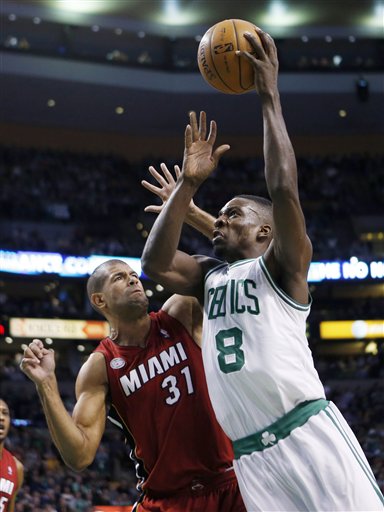 Boston Celtics' Jeff Green (8) shoots over Miami Heat's Shane Battier (31) in the first quarter of Monday in Boston.