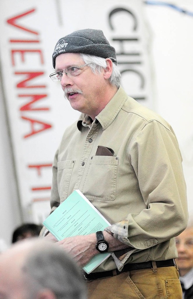 Tim Davis speaks during the debate on a warrant item, about ambulance coverage, on Saturday, during the Vienna town meeting.