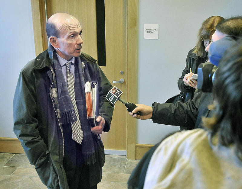 Andrew Benson, assistant attorney general, speaks with media outside the courtroom at Skowhegan District Court Friday morning after a closed hearing in the Kelli Murphy manslaughter case. The hearing ended without a ruling being issued as to whether Murphy is competent to stand trial for manslaughter.