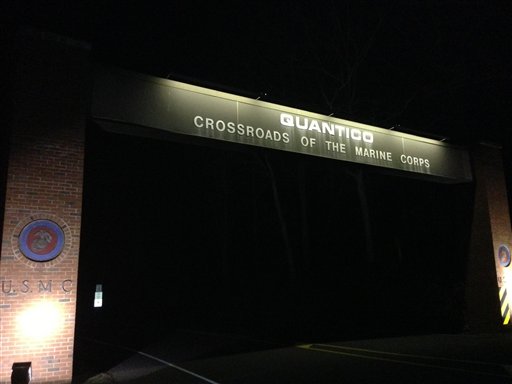 The entrance to the U.S. Marine Corps Base at Quantico, Va. Three people, including the suspect, were killed in a shooting said a base spokesman, and it is believed the suspect is a staff member at the officer candidate school at the base.