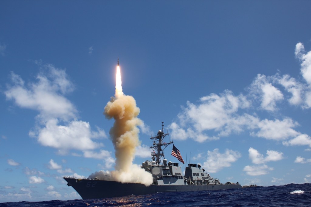 In this October 2012 file photo, the guided-missile destroyer USS Fitzgerald launches a Standard Missile-3 as part of a joint ballistic missile defense exercise in the Pacific Ocean. A site in northern Maine may be on the short list of potential locations for a missile defense system designed to knock down nuclear warheads bound for the United States.