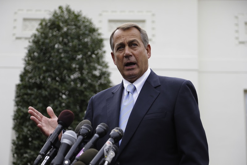 House Speaker John Boehner of Ohio speaks to reporters outside the White House in Washington, Friday, March 1, 2013, following a meeting with President Barack Obama and Congressional leaders regarding the automatic spending cuts. (AP Photo/Carolyn Kaster)