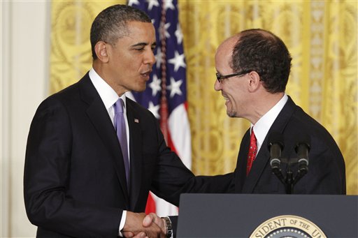 President Barack Obama shakes hands with his nominee for Secretary of Labor, Thomas E. Perez, while announcing the nomination in the East Room of the White House on Monday.