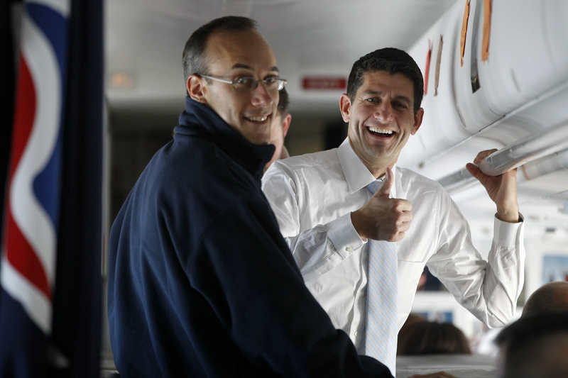Republican vice-presidential candidate Rep. Paul Ryan, R-Wis., gives the press a thumbs-up on board the campaign charter airplane on Election Day 2012. Ryan told "Fox News Sunday" on March 10 that his budget proposal, to be announced Tuesday, calls for the repeal of the new health care law.